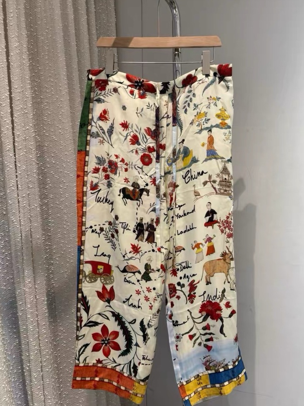 Oscar de la Renta Cream Silk Floral Print Wide-Leg Pants